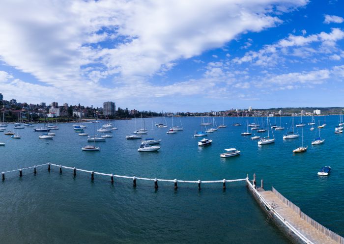 Scenic coastal aerial view across Sydney Harbour from the Spit Bridge to Manly Walk, Northern Sydney 