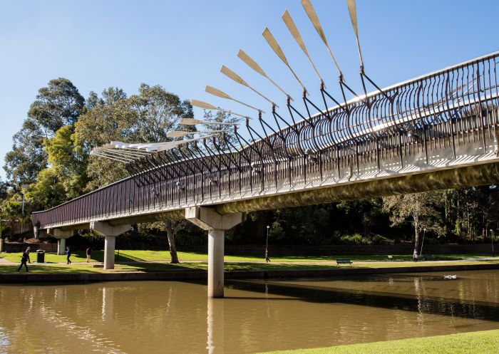 The Elizabeth Street Footbridge designed by Sydney artists Greg Stonehouse and Susan Milne over the beautiful Parramatta River, Parramatta