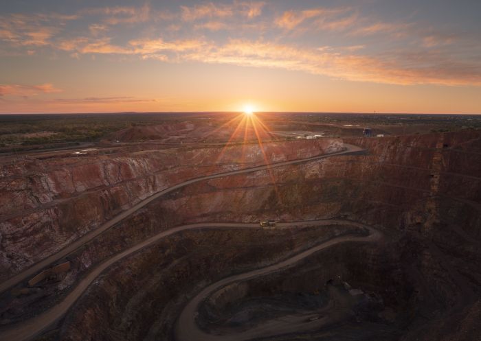 Aerial overlooking the Fort Bourke Hill Lookout and Open Cut Mine in Cobar, Outback NSW