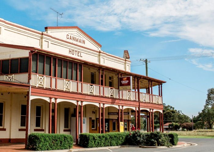 Outside of pub showing veranda and two stories at Hotel Ganmain, Coolamon