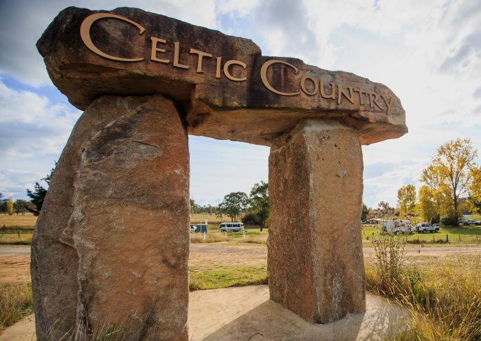 Standing stone sign reading 'Celtic Country' welcoming visitors, Glen Innes