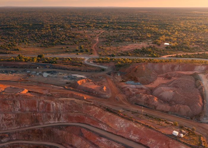 Aerial overlooking the Fort Bourke Hill Lookout and Open Cut Mine, Cobar