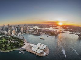 Sydney Harbour aerial at sunset with views of Royal Botanic Garden Sydney Harbour