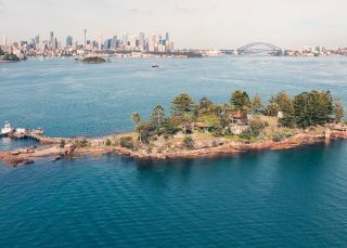 Scenic views across Sydney Harbour to Sydney CBD from Shark Island, Sydney Harbour