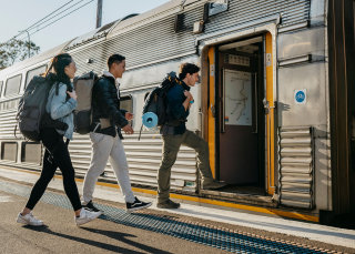 Young people catching a train, Katoomba Station, Blue Mountains