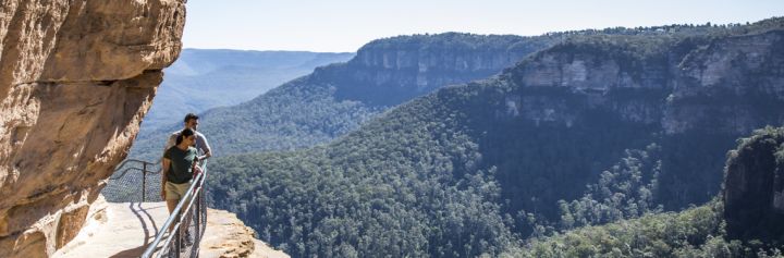 Couple enjoying a walk along the Wentworth Falls Track, Blue Mountains National Park