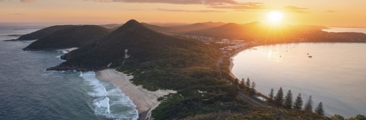 Scenic views over Shoal Bay Beach, Zenith Beach, Wreck Beach and Box Beach in Port Stephens from Tomaree Head Summit