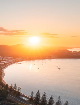 Scenic views over Shoal Bay Beach, Zenith Beach, Wreck Beach and Box Beach in Port Stephens from Tomaree Head Summit