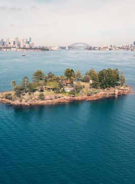 Scenic views across Sydney Harbour to Sydney CBD from Shark Island, Sydney Harbour