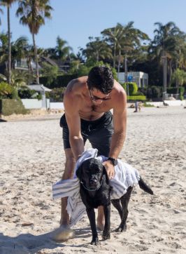 Man enjoying a day at the beach with his dog, Rose Bay Dog Beach, Rose Bay