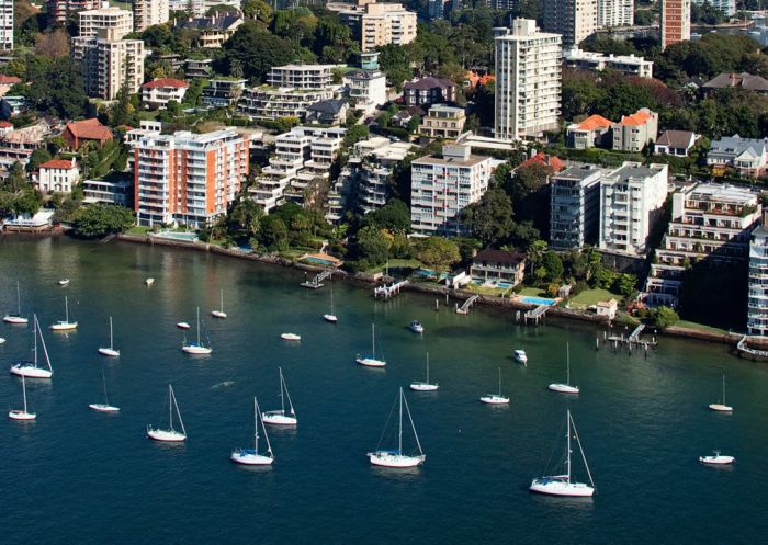 Aerial of Darling Point in the morning, looking back towards Sydney CBD