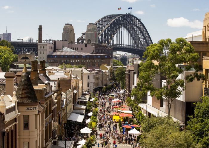 Markets set up in The Rocks against the backdrop of the Harbour Bridge, Sydney