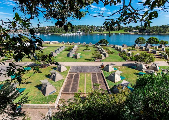 Camping tents set up on Cockatoo Island in Sydney Harbour