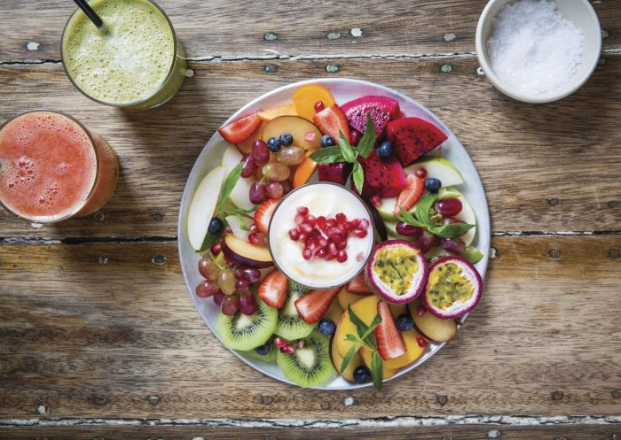 The Fruit Plate and fresh juices available at Bread & Circus Wholefoods Canteen, Alexandria