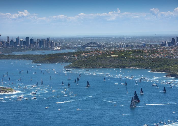 Aerial overlooking the start of the 2018 Sydney to Hobart Yacht Race in Sydney Harbour