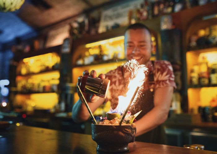 Bartender creating a specialty cocktail at Jacoby’s Tiki Bar in Enmore, Inner Sydney
