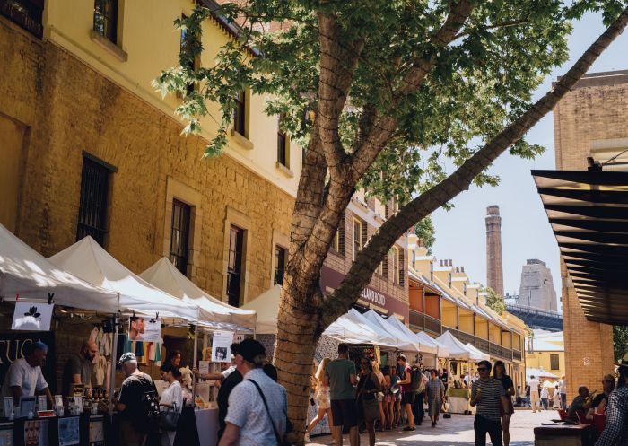 Crowds enjoying a visit to The Rocks Friday Foodie Market along Playfair Street in The Rocks, Sydney City