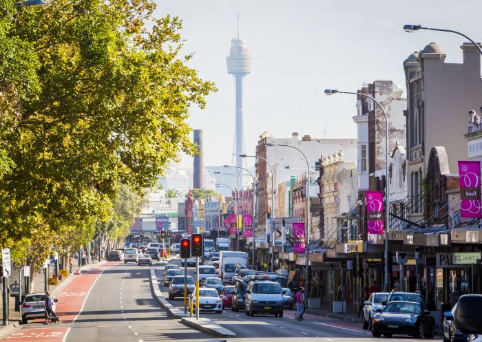 Shops and cafes lined up along Oxford Street, Paddington