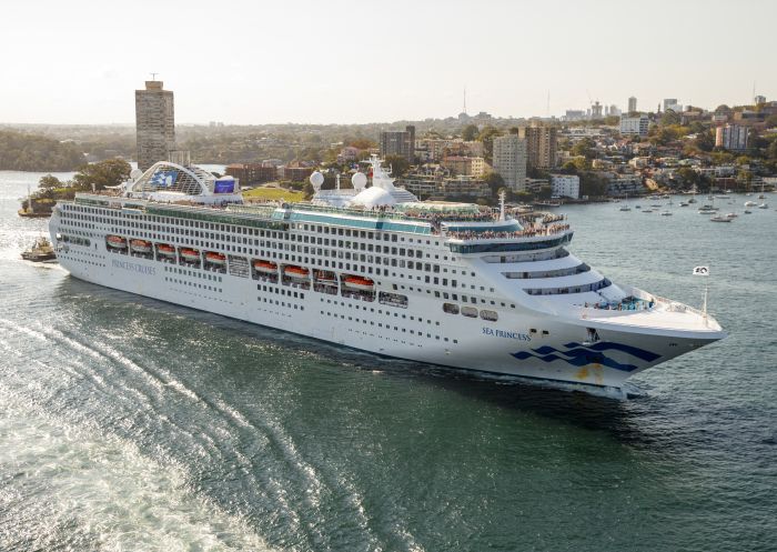 The Sea Princess cruise liner leaving Sydney Harbour, as viewed from atop the Sydney Harbour Bridge.