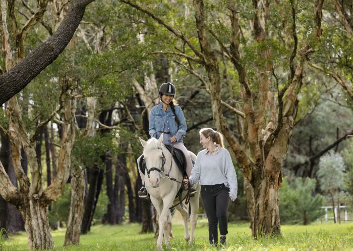 Woman enjoying a horse riding experience with East Side Riding Academy in Centennial Park, Sydney.
