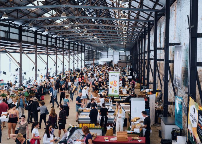 Crowds enjoying a day out at Carriageworks Market in Eveleigh, Sydney