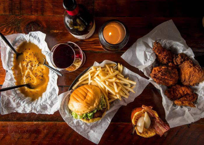 Potato and gravy, wine, cheeseburger, fries, fried chicken and a Bloody Burger Mary from Mary's Newtown, Newtown