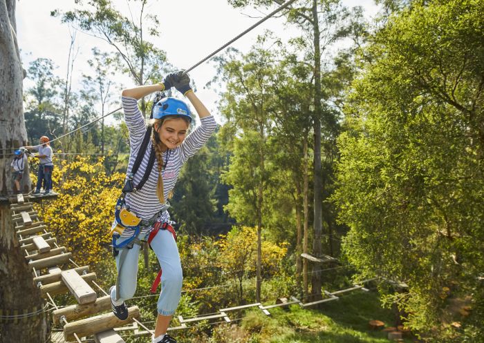 Girl enjoying a day on the ropes course with her family at Trees Adventure, Yarramundi