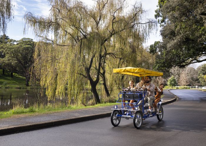 Family enjoying a day out at Centennial Park in a hired 4-seat pedal car from Centennial Park Cycles