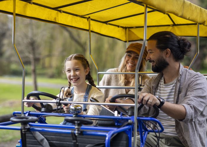 Family enjoying a day out at Centennial Park in a hired 4-seat pedal car from Centennial Park Cycles