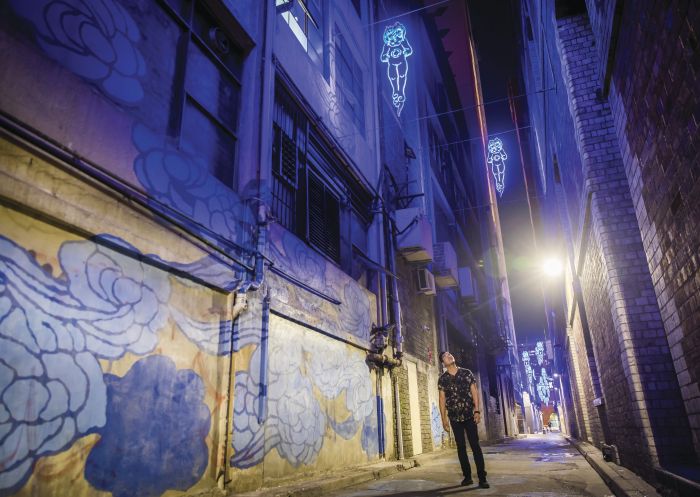 'In Between Two Worlds' art installation in Kimber laneway - Chinatown