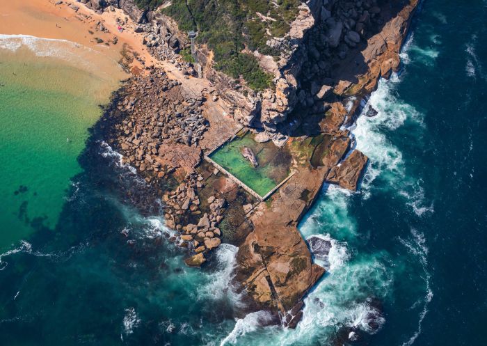 Aerial overlooking North Curl Curl Rockpool in Sydney's Northern Beaches
