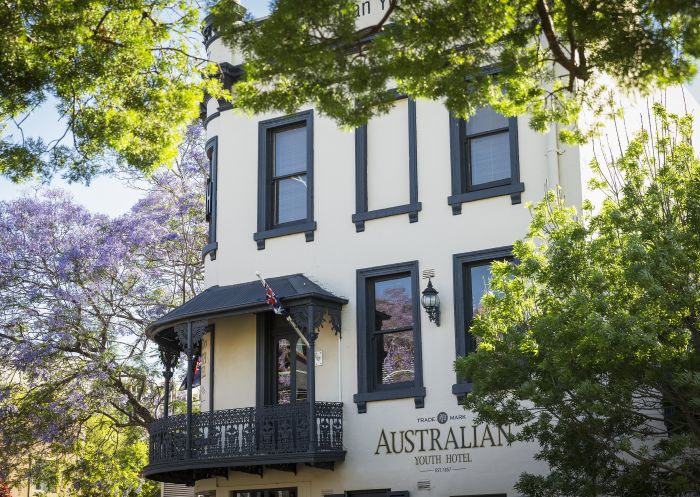 Jacarandas in bloom in Sydney. View of the Australian Hotel, Glebe