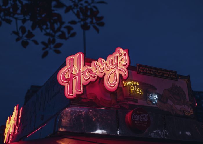 Neon sign at local pie haunt Harry's Cafe de Wheels in Woolloomooloo