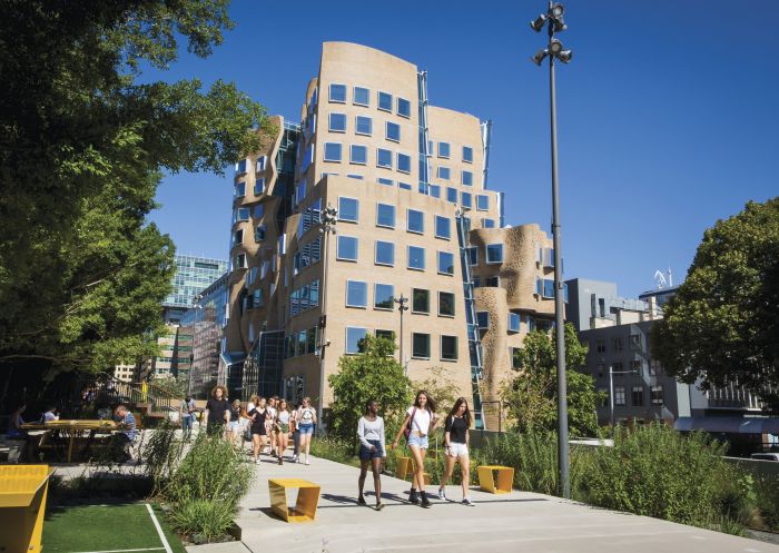 Students walking through The Goods Line - a pedestrian pathway and public space that connects Ultimo with Darling Harbour