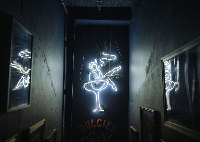 Neon signage at the entrance to the Dulcie's Kings Cross, Potts Point