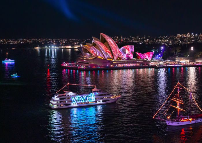 The Sydney Opera House illuminated by the Austral Flora Ballet light projection during Vivid Sydney 2019
