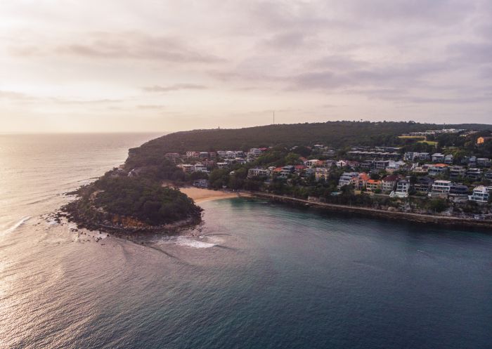Aerial overlooking Shelly Beach and the Cabbage Tree Bay Aquatic Reserve, Manly