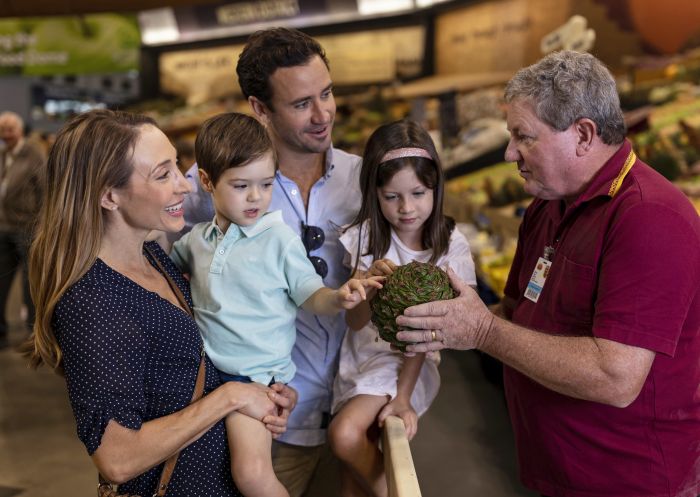 Family enjoying a walk through the Woolworths Fresh Food Dome exhibits at the 2019 Sydney Royal Easter Show, Sydney Showground at Sydney Olympic Park