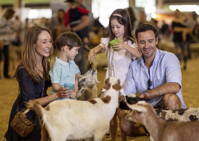 Family enjoying a walk through the Farmyard Nursery at the 2019 Sydney Royal Easter Show, Sydney Showground at Sydney Olympic Park