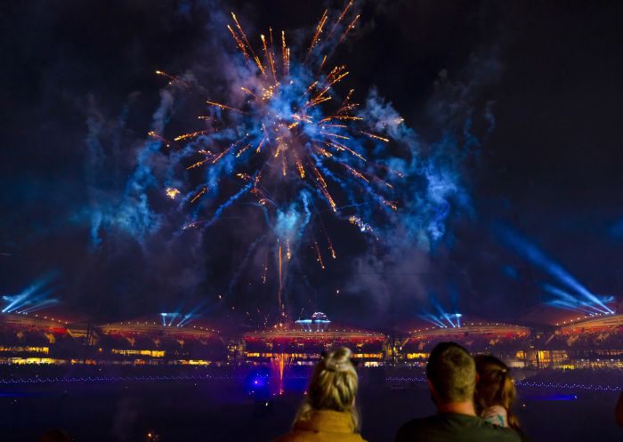 Crowds enjoying the nightly fireworks display at the 2019 Sydney Royal Easter Show, Sydney Showground at Sydney Olympic Park