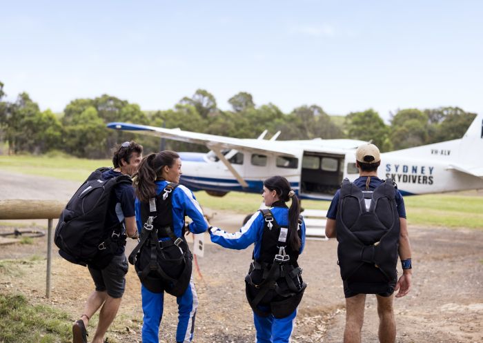 Friends ready for a skydiving experience with Sydney Skydivers, Picton