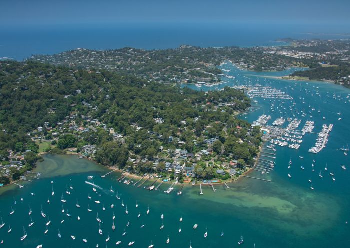 Aerial overlooking Pittwater on the Northern Beaches of Sydney