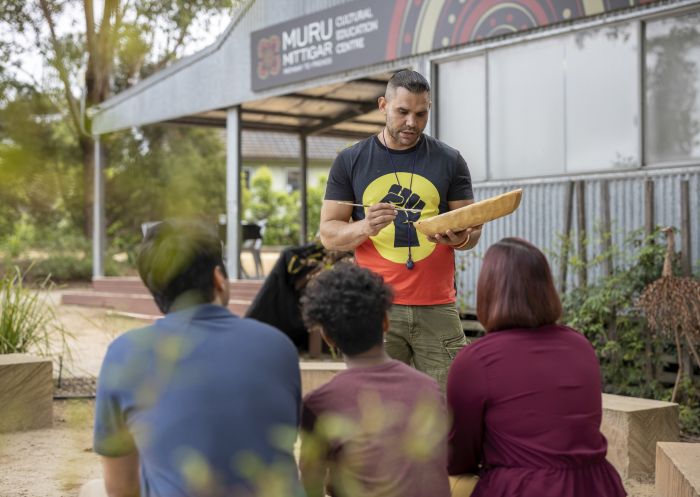 Family enjoying a visit to the Muru Mittigar Aboriginal Cultural and Education Centre, Rouse Hill in Sydney's north west