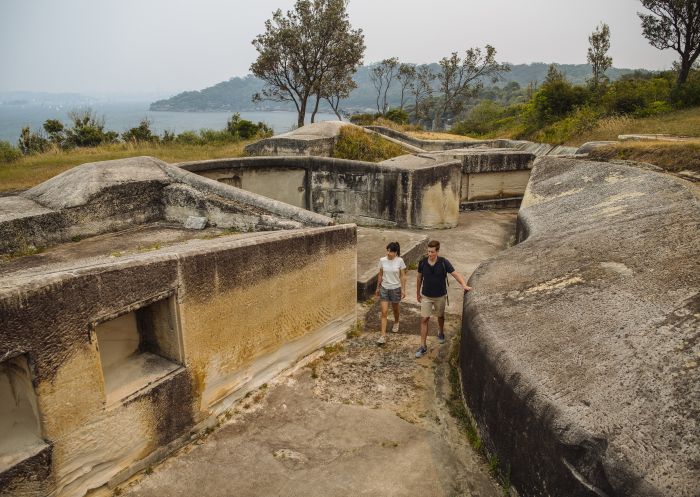 Couple exploring the historic fort and military relics at Middle Head in Mosman, Sydney North