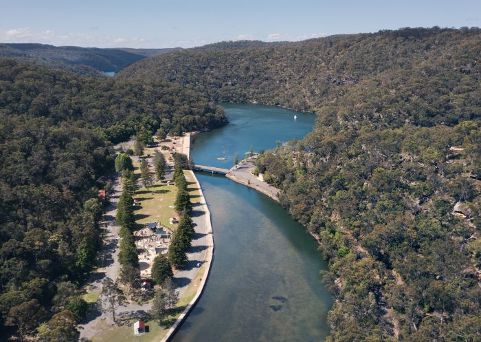 Aerial overlooking Bobbin Head Picnic Ground and Cowan Creek, Ku-ring-gai Chase National Park