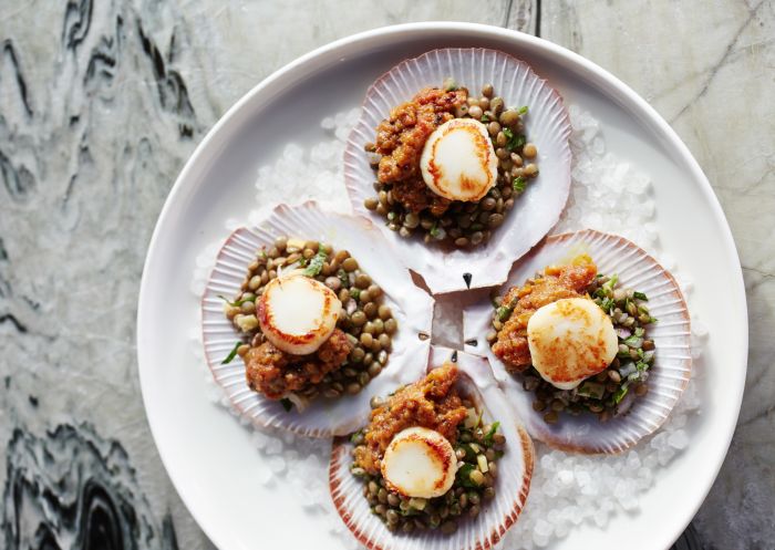 Half shell scallops at Cafe Del Mar, Cockle Bay Wharf in Darling Harbour, Sydney