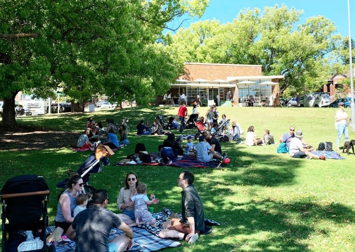 Scenic view of picnic on the lawn outside Outfield cafe, Ashfield