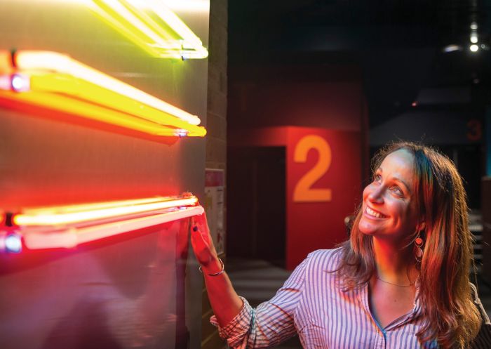 Woman with 21 Breaths installation during Vivid Sydney 2015, The Seymour Centre, Darlington