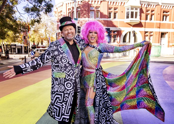 Daniel Clarke and Ben Graetz (in drag as his alter ego Miss Ellaneous) at Taylor Square