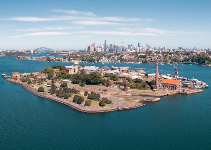 Cockatoo Island situated along the Parramatta River with views back to Sydney Harbour and Sydney CBD, Cockatoo Island